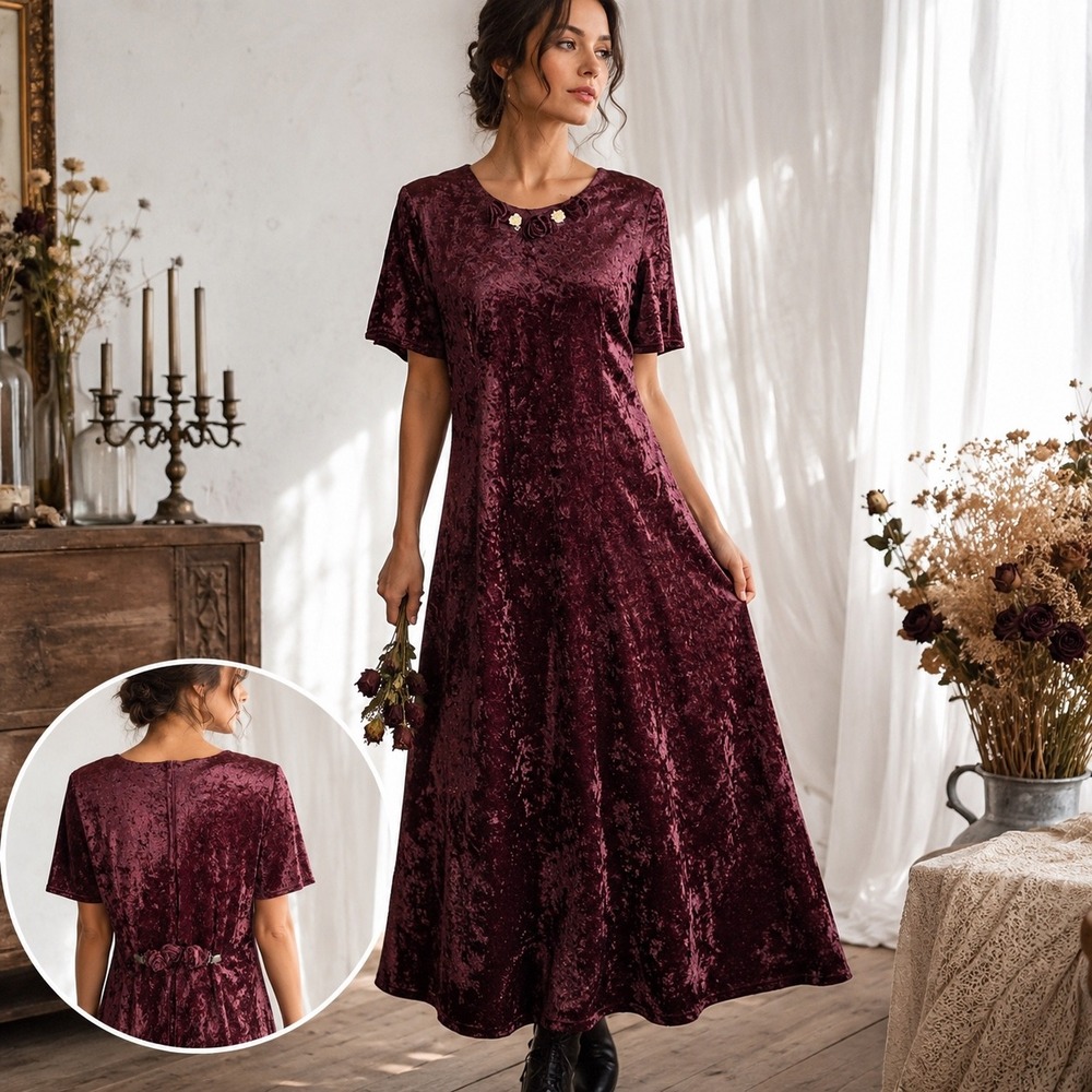 Vintage 90s Burgundy Crushed Velvet Maxi Dress Rosette Back Belt Whimsygoth